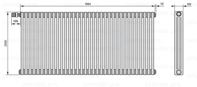 Схема (чертеж) Радиатор Zehnder Charleston 3200/34 №V012 Белый глянцевый RAL 9016